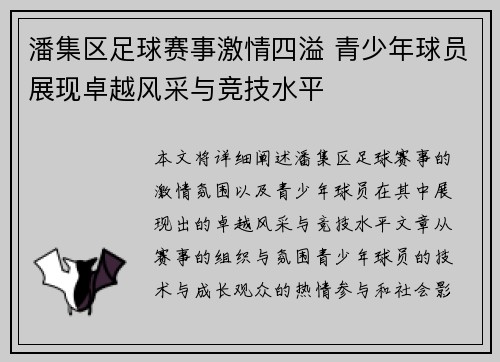 潘集区足球赛事激情四溢 青少年球员展现卓越风采与竞技水平